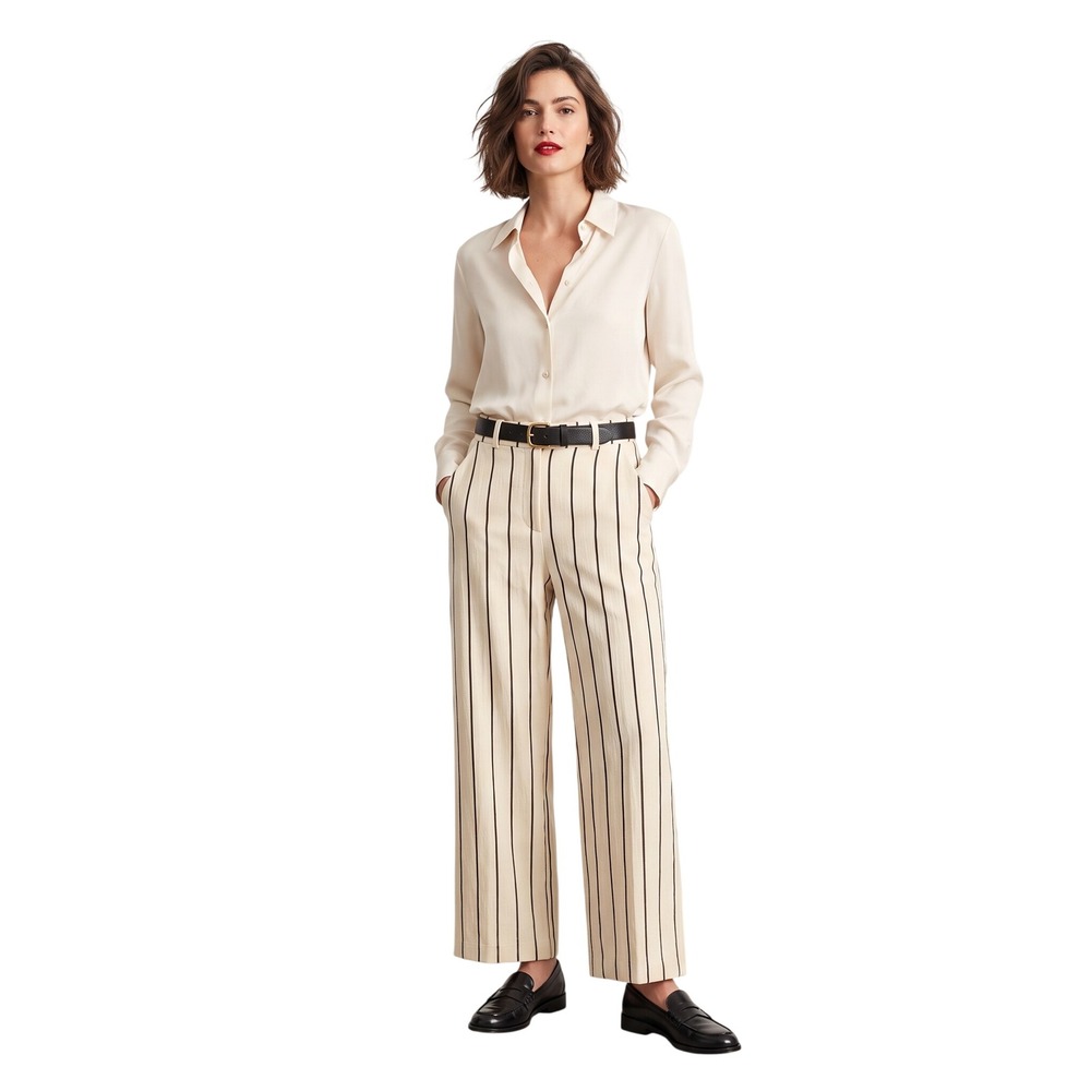 EXPRESS Editor Relaxed Trouser 4R Mid-Rise Striped Cotton Pants Cream Black